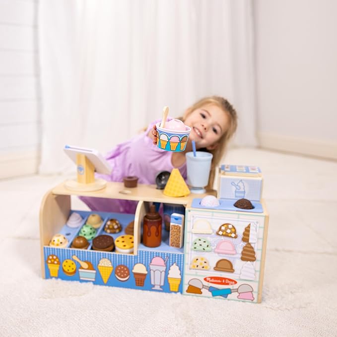 Melissa & Doug Wooden Cool Scoops Ice Creamery Play Food Toy Wooden Pretend Play Frozen Treats for Toddlers, Preschoolers, Boys and Girls - FSC-Certified