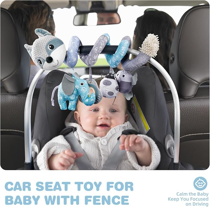 Jollybaby Baby Car Seat Stroller Toys, Plush Activity Hanging Spiral Activity Pram Crib with Music Box, Rattles, Squeaker for Babies Infant Boys Girls(Grey Fox)