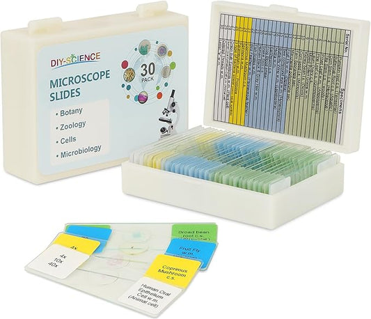 Microscope Slides with Specimens for Kids, 30 Lab-Grade Prepared Microscope Slides, Animal Plant Microbe Cells, STEM Biology Kit for Kids Ages 6-8 Homeschool, Classroom Labs & Science Education