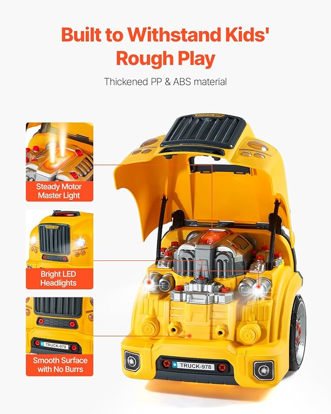 VEVOR Engine Toy, 60 Pieces, Kids Mechanic Car Repair Set with Removable Parts, Lights and Sounds, Steering Wheel and Horn, Kids Mechanic Workshop Set for Toddler Ages 3 Years and Up, Yellow