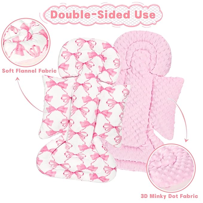 Infant Car Seat Insert, Soft Baby Car Seat Head & Body Support for Girl Boy, Reversible Newborn Preemie Carseat Insert Cushion with 3 Straps Pads, Fits Car Seat, Stroller, Swing, Bouncer, Pink Bow