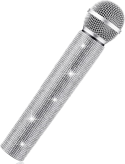 Sanwuta Fake Microphone Prop Sparkly Bling Rhinestones Plastic Play Microphone Pretend Glitter Bedazzled Mic for Cosplay Party Costume(Silver)