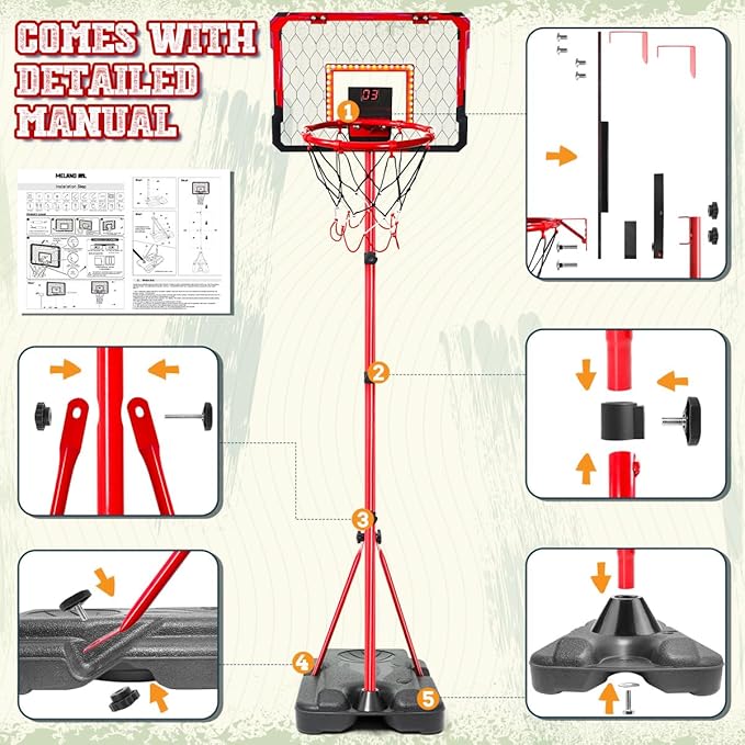 Meland Kids Basketball Hoop, 2-in-1 Adjustable Toddler Basketball Hoop with Electronic Scoreboard Indoor Outdoor Toys for Kids Toddlers Outside Toys for Boys Age 3 4 5 6 7 8