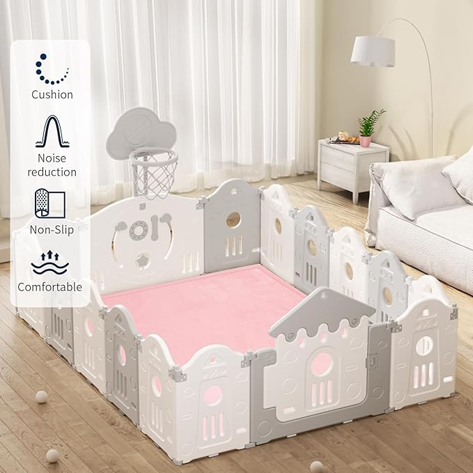 ACOMOPACK Baby Play Mat for Floor 1.3" Thick Memory Foam Play Mat 79"×157 Tummy Time Crawling with Non-Slip Bottom for Living Room,Nursery,Soft Velvet Playpen Mats for Kids,Infants（Pink）