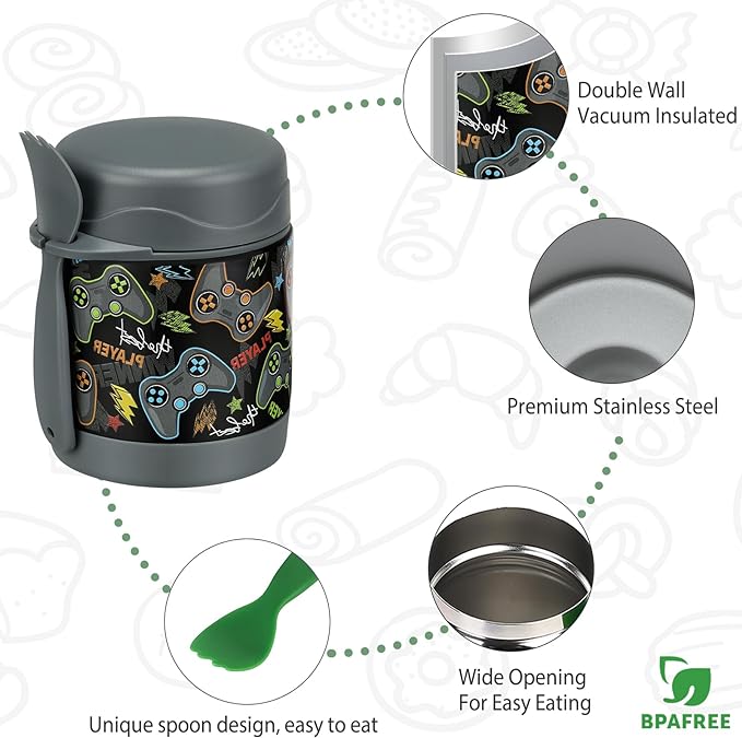 10oz Soup Thermo for Hot Food Kids,Lunch Thermo Kids Food Jar with Spoon Hot Insulated Food Containers,Leak Proof Stainless Steel Wide Mouth Lunch Food Thermo Jar for School(Black-Game Console)