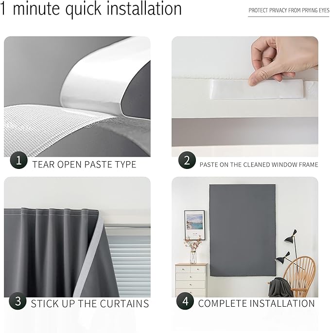 Magic Tape Stick On Curtains Window Shades Pull Down Blackout Window Cover Blackout Curtains for Bedroom No Drillng Self Adhesive Curtains No Rod Small Curtain, 59" W X 71" L, Grey, 1 Panel