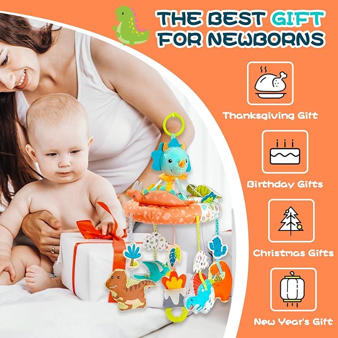 Jollybaby Nursery Baby Automatic Rotating Dinosaur Crib Mobile with Music Box & Arm, Montessori Sensory Musical Hanging Toy for Bassinet, Newborn Clip on Crib Mobile Soother Toy Gift, Polyester