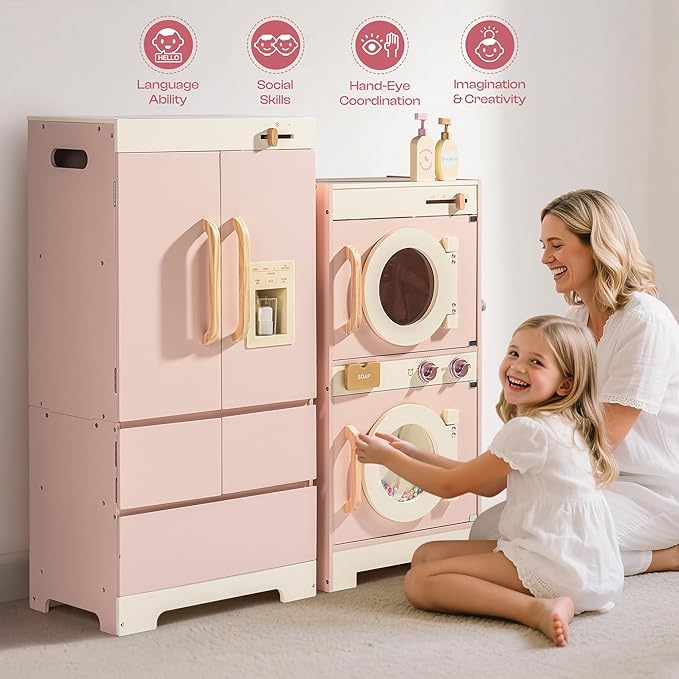 ROBOTIME Wooden Kids Play Kitchen – 4-in-1 Toddler Play Kitchen Set with Fridge, Washer & Dishwasher – Wooden Corner Cooking Playset for Boys & Girls Ages 3+