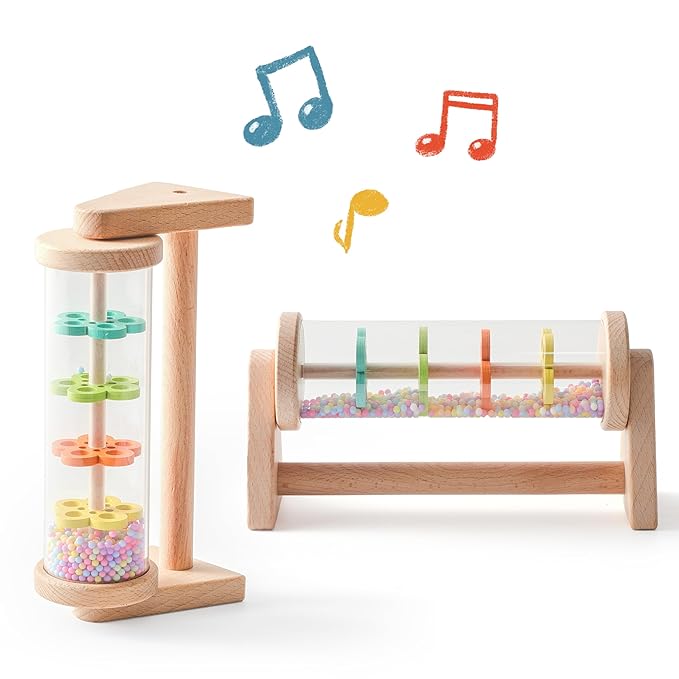WOODEN TEETHER Wooden Soothing Rain Stick with Handle for 12 Months+ Babies Montessori Musical Baby Rattle Toys Calming Rainmaker for Early Sensory Development & Home Play