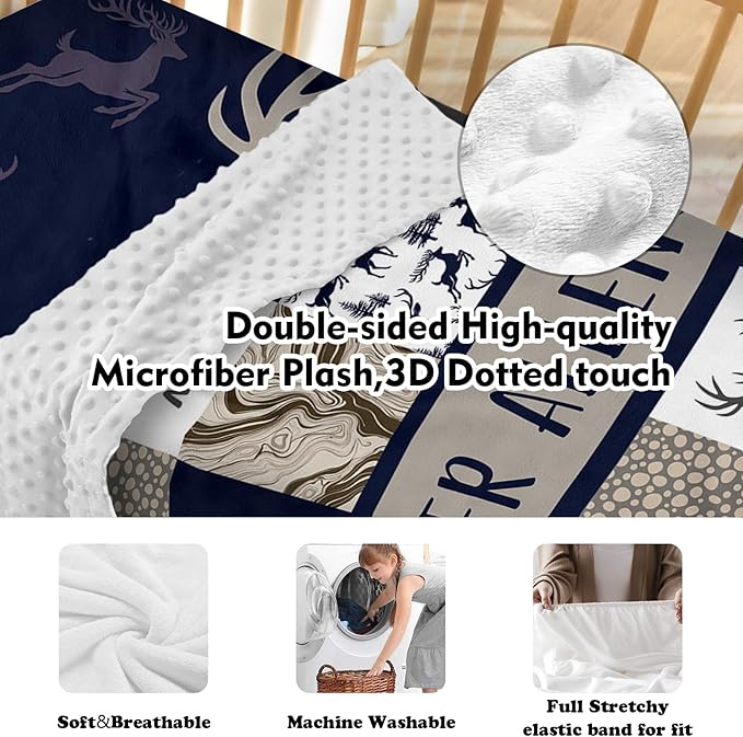 Personalized Baby Crib Bedding Set, 5-Piece Navy Deer Design Baby Crib Sets with Custom Name, Toddler Double Layer Blanket Fitted Sheets Changing Pad Cover Rug Wall Art Set, Charming Nursery Decor