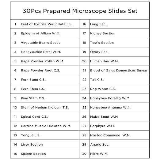 30 Microscope Slides with Specimens, Prepared Microscope Slides Set with Plants Animals Insects for Adults Students Homeschool Basic Biological Science Education