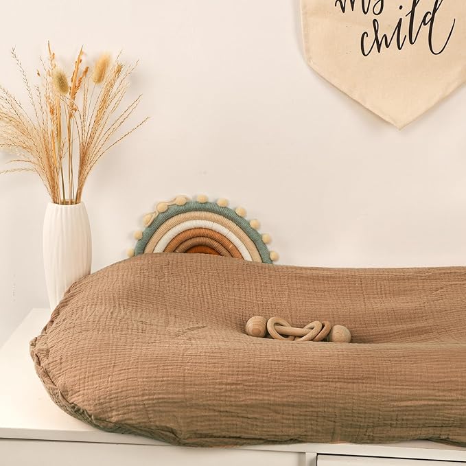 Hooyax Muslin Baby Lounger Cover 2 Pack, Soft and Breathable Newborn Lounger, Adorable Slipcover for Boys & Girls (Brown, Wheat)