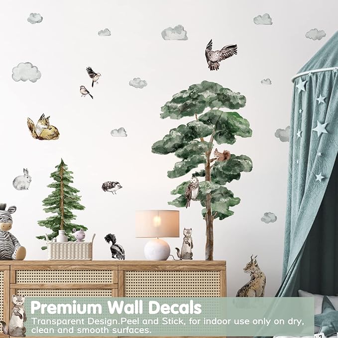 Large Woodland Animal Creature Wall Decals Peel and Stick Vinyl 52in Forest Pine Tree Animal Wall Decals Watercolor Jungle Safari Animal Wall Stickers Decor for Nursery Kids Room Toddler Baby Bedroom