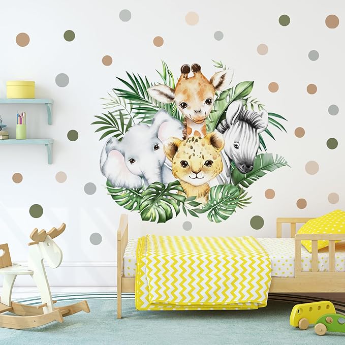 37.95x33.13 Inch Watercolor Jungle Animal Wall Decal Forest Animal Tiger Elephant Giraffe Zebra Wall Sticker Removable Safari Animal Wall Decal for Baby Nursery Playroom Bedroom Classroom Wall Decor