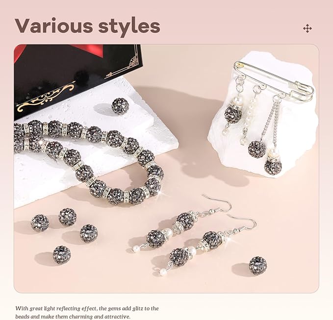 160pcs 10mm Rhinestone Beads for Jewelry Making, Hematite Shiny Round Disco Ball Beads Bulk, Sparkle Crystal Clay Christmas for Bracelet Baseball Necklace Earring Crafting and DIY