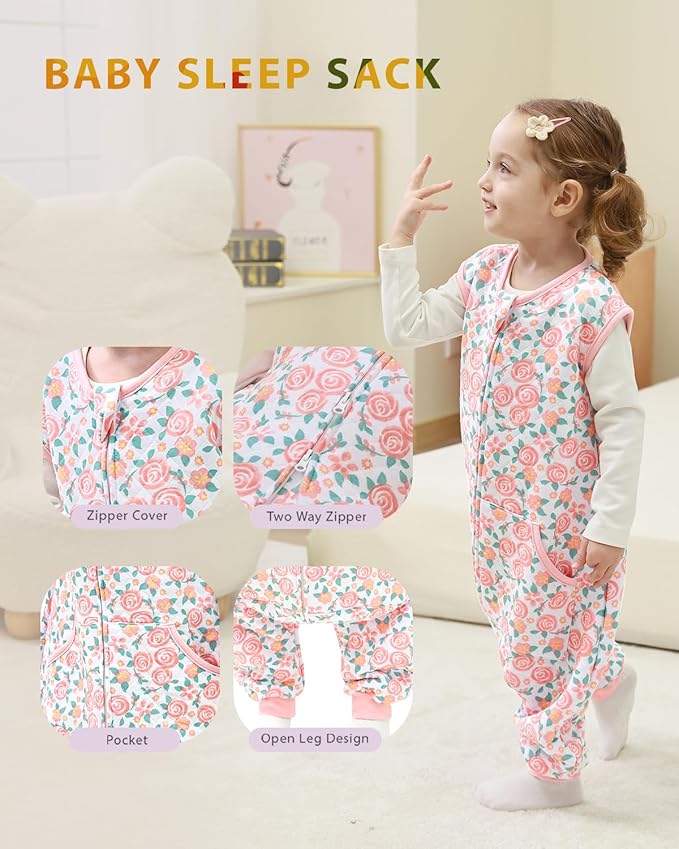 HOMEAL 1.0Tog Toddler Sleep Sacks 2T-3T,Toddler Sleeping Sack with Legs, Sleep Sacks, Baby Wearable Blanket, Pink Rose