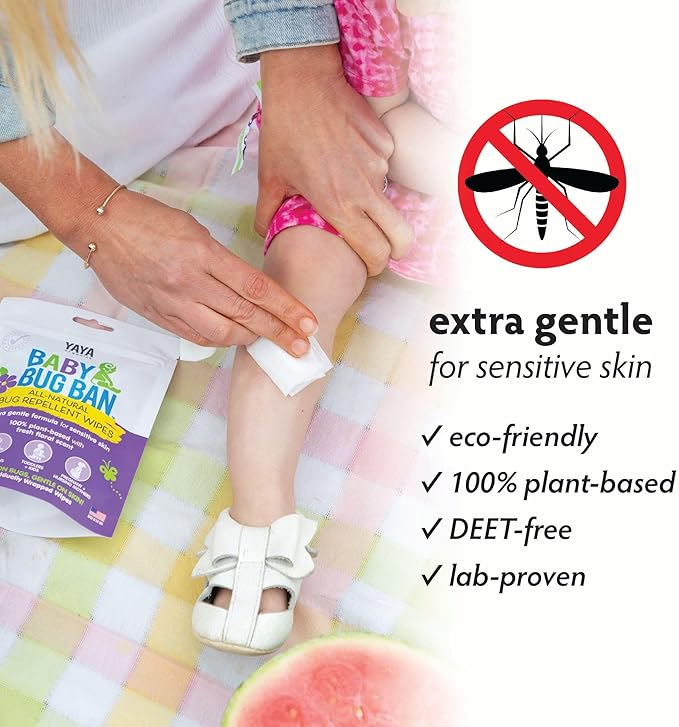 YAYA ORGANICS Baby Bug BAN Insect Repellent Wipes – All-Natural, DEET-Free, Non-Toxic, for Babies, Kids, Pregnant and Nursing Moms and Sensitive Skin (12 Count, Pack of 1)