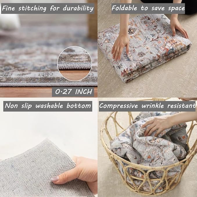 Area Rug 4x6 Washable Vintage Cover Foldable Thin Retro Accent Indoor Distressed Non Slip Carpet Floral Print Mat Bedroom Living Room Bathroom