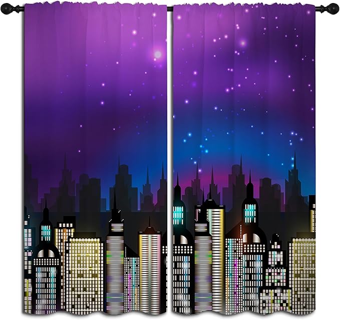 Superhero Rod Pocket Blackout Curtains for Boy Girl Bedroom, Super City Skyline Buildings Night Panorama Home Energy Efficient Light Filtering Window Curtain for Living Room, 42x63 inch