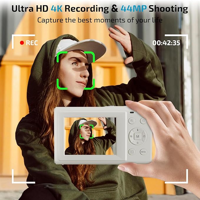 Upgrade Digital Camera, FHD 4K 44MP Autofocus Digital Point and Shoot YouTube Camera with 16X Zoom, 32GB SD Card, Compact Digital Camera Cheap for Teens Boys Girls Kids White