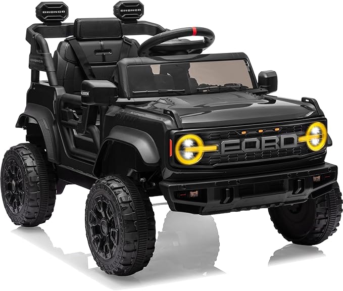 12V Ride on Toys for Kids, Licensed Ford Bronco Raptor Children Electric Vehicles, Toddler Battery Powered Car with Double Doors, 3 Point Safety Belt, Led Lights (12V, Black)