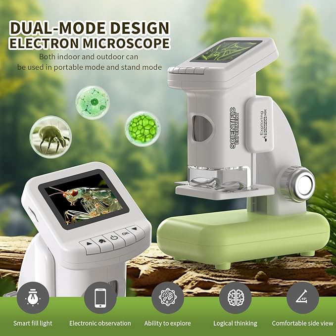1200X Microscope for Kids with 2 inch Screen STEM Digital Science Kit Rechargeable Handheld Mini Pocket Children Students Slides Portable Gift for Kids Ages 6 to 12 (Green)