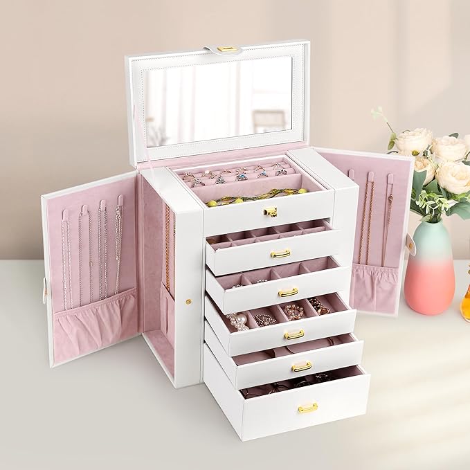 Kendal Extra Large Jewelry Box Jewelry Case PU Leather 6 Tier 5 Drawers Large Storage Capacity with Mirror Jewelry Storage Organizer Great Gift Also Good For Watches LJC-SHD5CM(White)