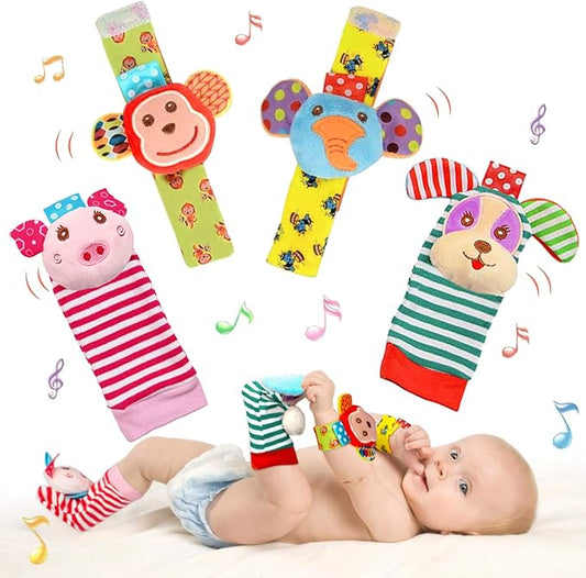 Infant Rattle Socks Toys 0 to 12 Months, Baby Wrist Rattle Foot Finder Socks Set, Birthday Holiday Present for Newborn Boy Girl 0/3/4/6/7/8/9/12/18 Months Kids Toddler, Gift Box Package (4A)