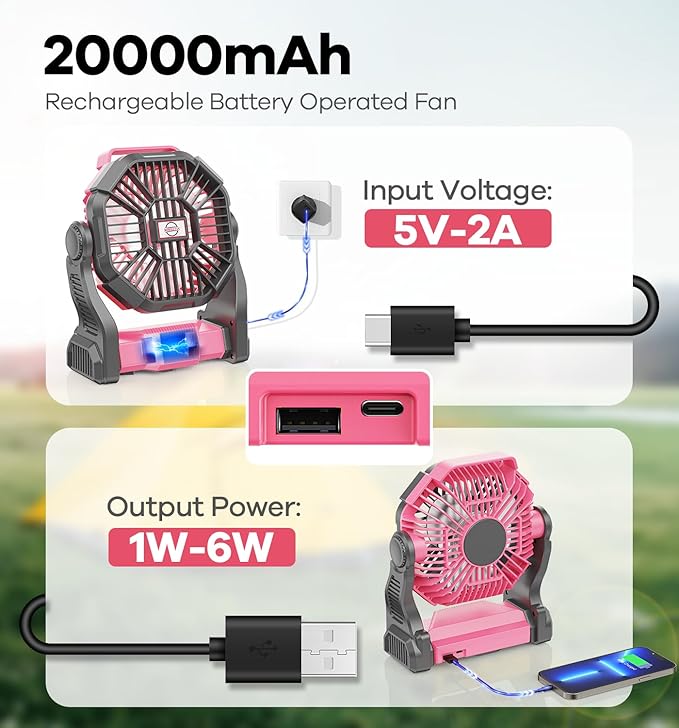 20000mAh Portable Battery Powered Camping Fan - with LED Light, Quiet Battery Operated, Camping Gear for Travel, Tent, Beach, Car or Hurricane Power Outages, Pink