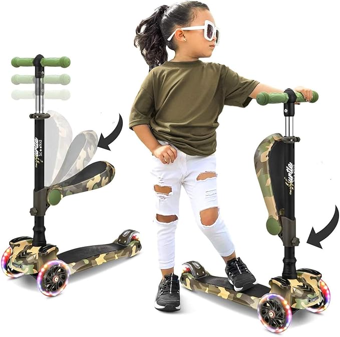 Hurtle 3-Wheeled Scooter for Kids - Wheel LED Lights, Adjustable Lean-to-Steer Handlebar, and Foldable Seat - Sit or Stand Ride with Brake for Boys and Girls Ages 1-14 Years Old