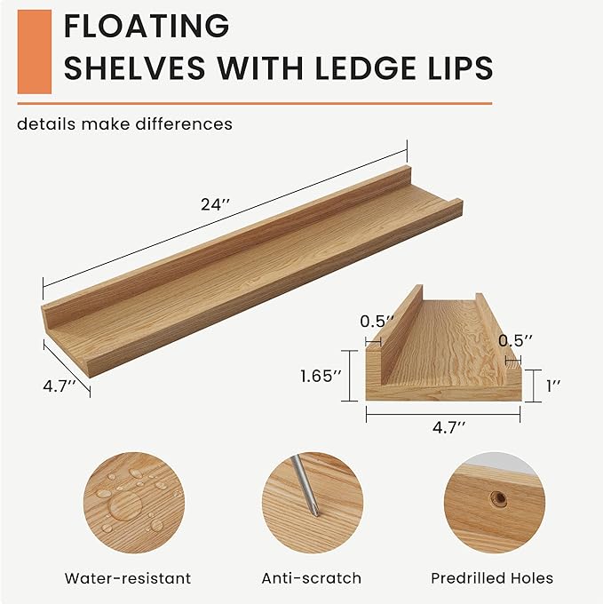 Solid Ash Wood Picture Ledge Shelf, 24 Inch Wood Floating Shelves with Lip Set of 2, Photo Ledge Shelf Nursery Bookshelf Wall Mounted for Living Room Bedroom Decor, Natural