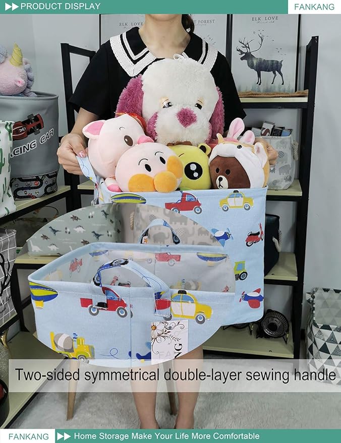 FANKANG Square Nursery Hamper Storage Bins Canvas Laundry Basket Foldable with Waterproof PE Coating Storage Baskets Gift Baskets for Children, Office, Bedroom, Clothes（Square-Car ）