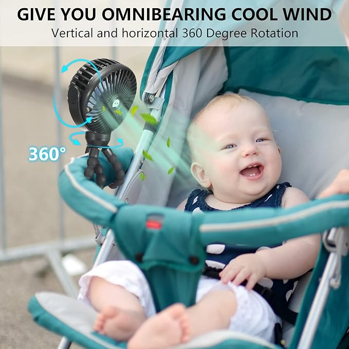 snawowo Mini Portable Baby stroller Fan, Battery Operated Personal Small Handheld Fan, 360° Rotate Flexible Tripod Rechargeable Clip On for Car Seat Crib Bike Treadmill Travel Camping Black