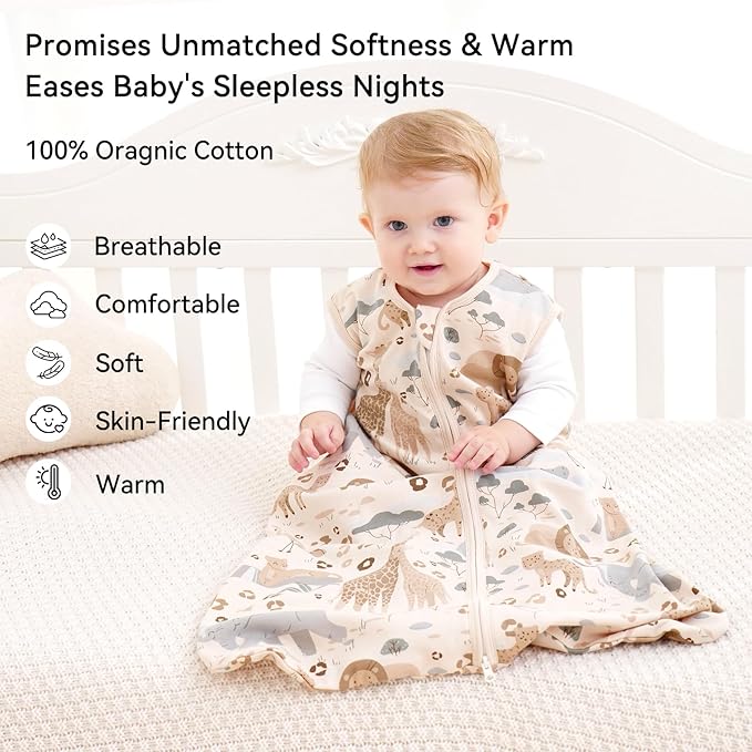 Baby Sleep Sack 0-6 Months 0.5 Tog Wearable Blanket Baby, 3 Pack 100% Cotton Lightweight Sleeping Sack with 2-Way Zipper for Newborn Infant Apricot Gray Green Elephant