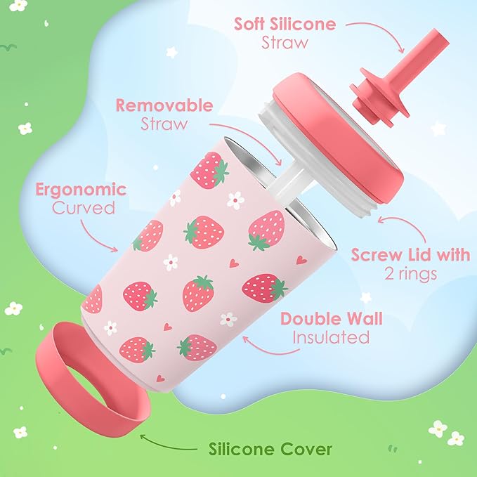 Kid Insulated Stainless Steel Tumbler with Silicone Straw, 12oz Sippy Cup for Kids (Strawberry)