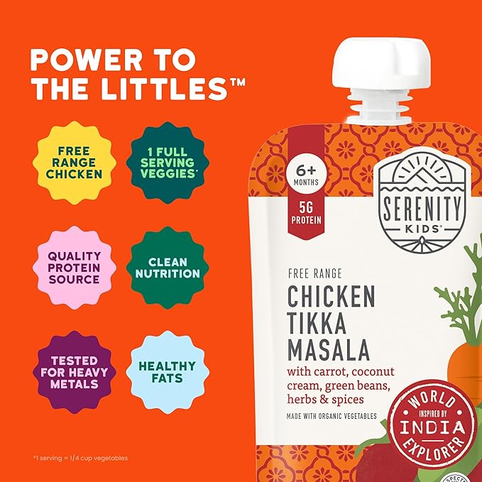 Serenity Kids 6+ Months World Explorers Toddler Pouches - BPA-Free Baby Food Puree with Ethically Sourced Meat & Organic Veggies - Chicken Tikka Masala - 3.5 Oz 6 Pack
