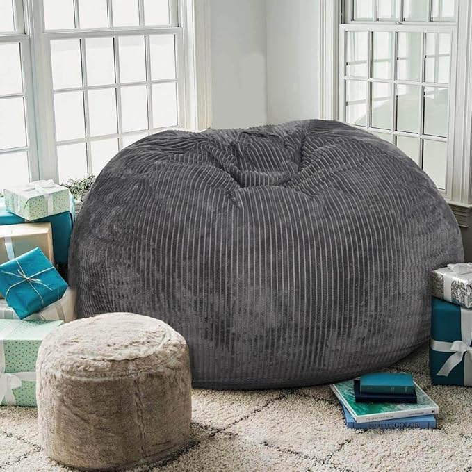 Bean Bag Chair with Faux Rabbit Fur Cover, 4 ft Giant Memory Foam Bean Bag Chairs for Adults/Teens with Filling,Ultra Soft Faux Fur Fabric, Round Fluffy Sofa