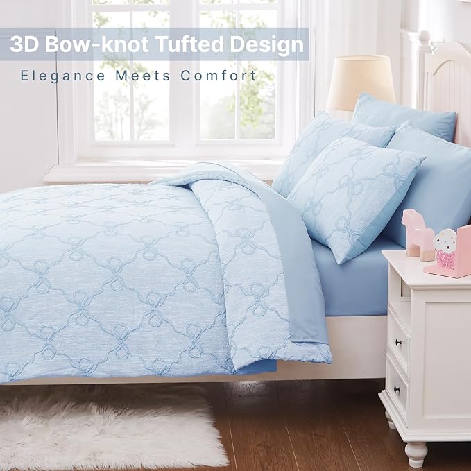 Queen Comforter Set with Sheets for Girls-7 Pieces Queen Bedding Sets with Light Blue Comforter, Sheets, Pillowcases & Shams for Kids (Light Blue Bow Knot, 90" X 90")