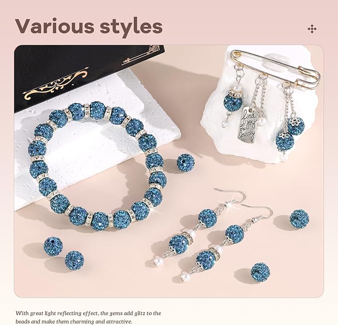 200pcs 10mm Rhinestone Beads for Jewelry Making, Blue Zircon Shiny Round Disco Ball Beads Bulk, Sparkle Crystal Clay Christmas for Bracelet Baseball Necklace Earring Crafting and DIY