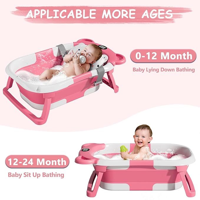 TPN Collapsible Baby Bathtub, Baby Bath Tub with Soft Cushion & Real-Time Thermometer, Baby Bathtub Infant to Toddler Tub (0-36 Months), Portable Newborn Travel Bath tub