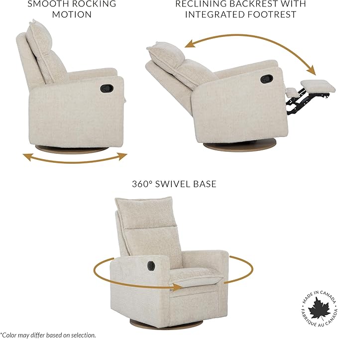 Arya Modern Nursery Glider Recliner Chair – Cozy Nursing Chair with 360° Swivel for New Parents, Gentle Motion, Compact Design, High Back & Low Armrests, Canadian Made (Driftwood/Breather Fabric)