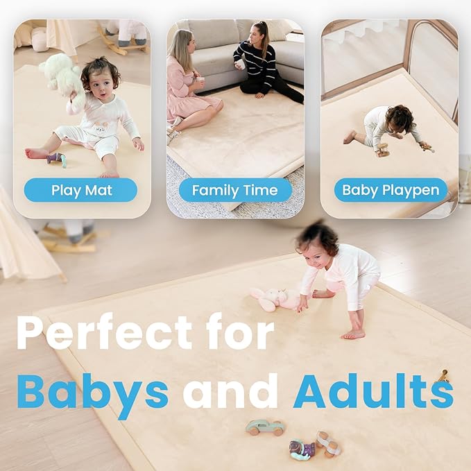 1.3" Thick Baby Play Mat for Floor Playpen, 50x50 Foam Tummy Time Mat, Padded Support Soft Plush Nursery Rug for Infant Kids Toddler Crawling Kick Activity (Beige)