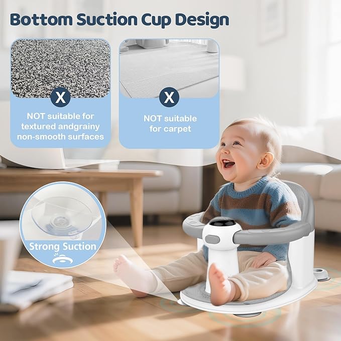 Baby Bath Seat-for Babies 6 Months & up, Water Temperature Display+Soft Cushion, Non-Slip Toddler Bath Seat for Baby, Sit Up Bath Seat for Baby, Grey