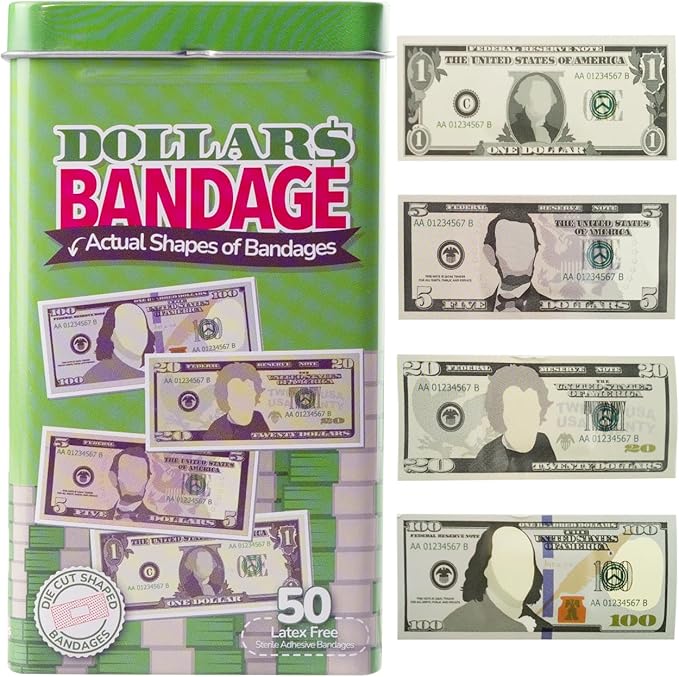 BioSwiss Bandages, Money Shaped Self Adhesive Bandage, Latex Free Sterile Wound Care, Fun First Aid Kit Supplies for Kids, 50 Count