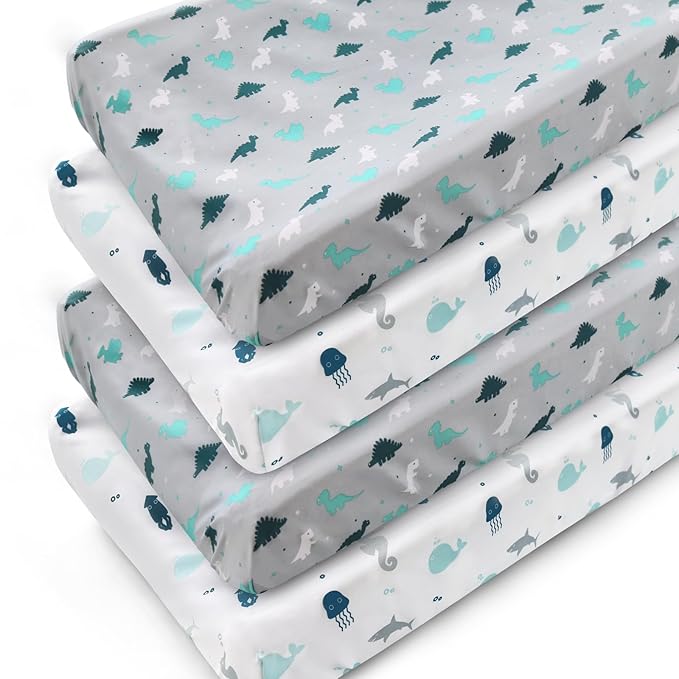 Changing Pad Cover for Boys Girls 4 Pack, Comfy & Breathable Changing Table Cover for 32''x16" Changing Table Pads, Diaper Changing Pad Cover, Dinosaurs & Ocean