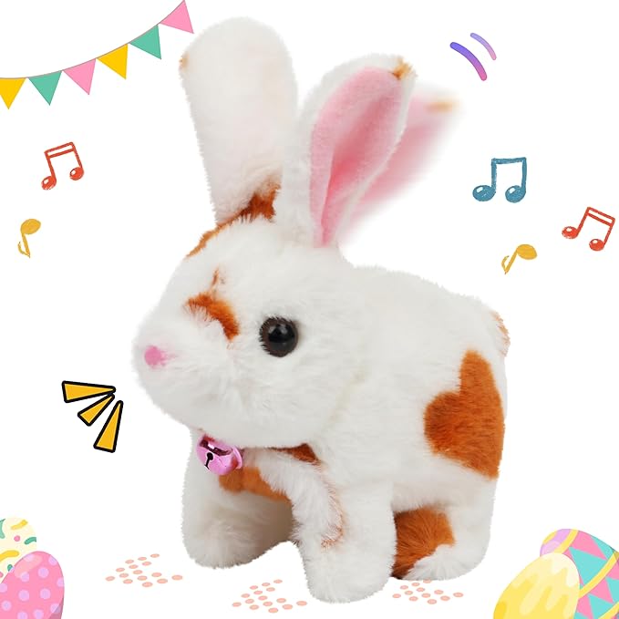 Easfan Bunny Pink Plush Toy Jumping Spotted Rabbit Talking Hopping Ears Nose Moving Educational Plush Toy Singing Shaking Glowing Interactive Toy Electric for Toddlers Kids