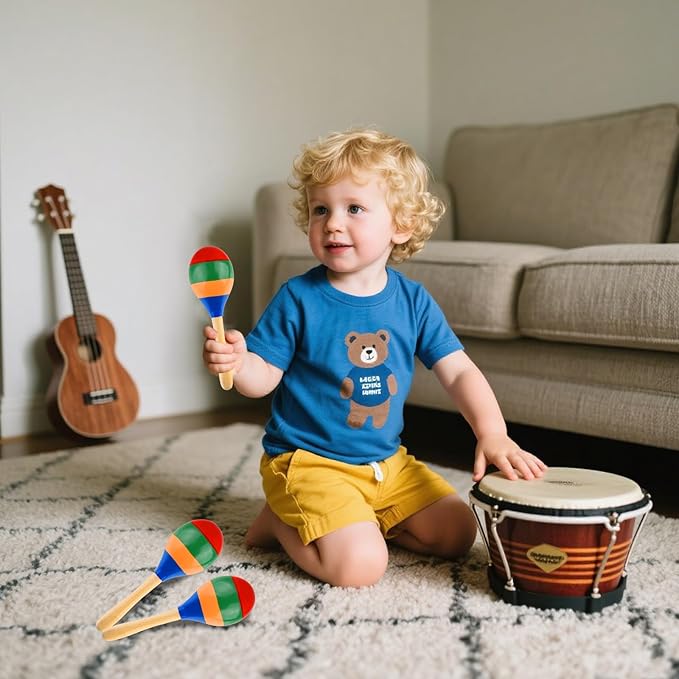 2 Pcs Maracas Hand Percussion Rattles, PLULON Colorful Wooden Maracas Rumba Shakers Rattle Latin Musical Instrument for Kids Adults Game Playing, Mexican Fiesta Cinco De Mayo Party Favors Supplies