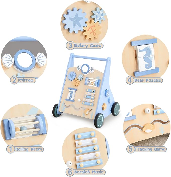 Beright Wooden Baby Walker Push and Pull Learning Activity Walker with Wheels Montessori Walker Toy Multiple Activities Center Develops Motor Skills & Stimulates Creativity (Blue)