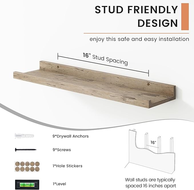 Floating Picture Ledge Shelves for Wall Set of 4, 24 Inch Wall Shelves with Lip Long Large Nursery Book Shelf for Toys Storage Kids Bookshelf Wall Mounted Living Room Bedroom Decor Frames