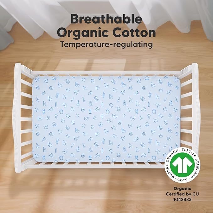 KeaBabies 2-Pack Organic Crib Sheets for Boys, Girls - 52x28 Fitted Crib Mattress Sheet Neutral, Breathable Jersey Cotton Cover for Baby Bed, Toddler Mattress, Soft & Cute Prints (ABC Land Sky)
